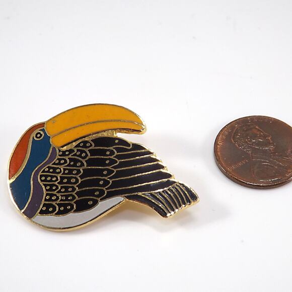 Laurel Burch Toucan Brooch, Gold Plated Cloisonne & Enamel, 1980 Vintage Jewelry - Picture 4 of 10